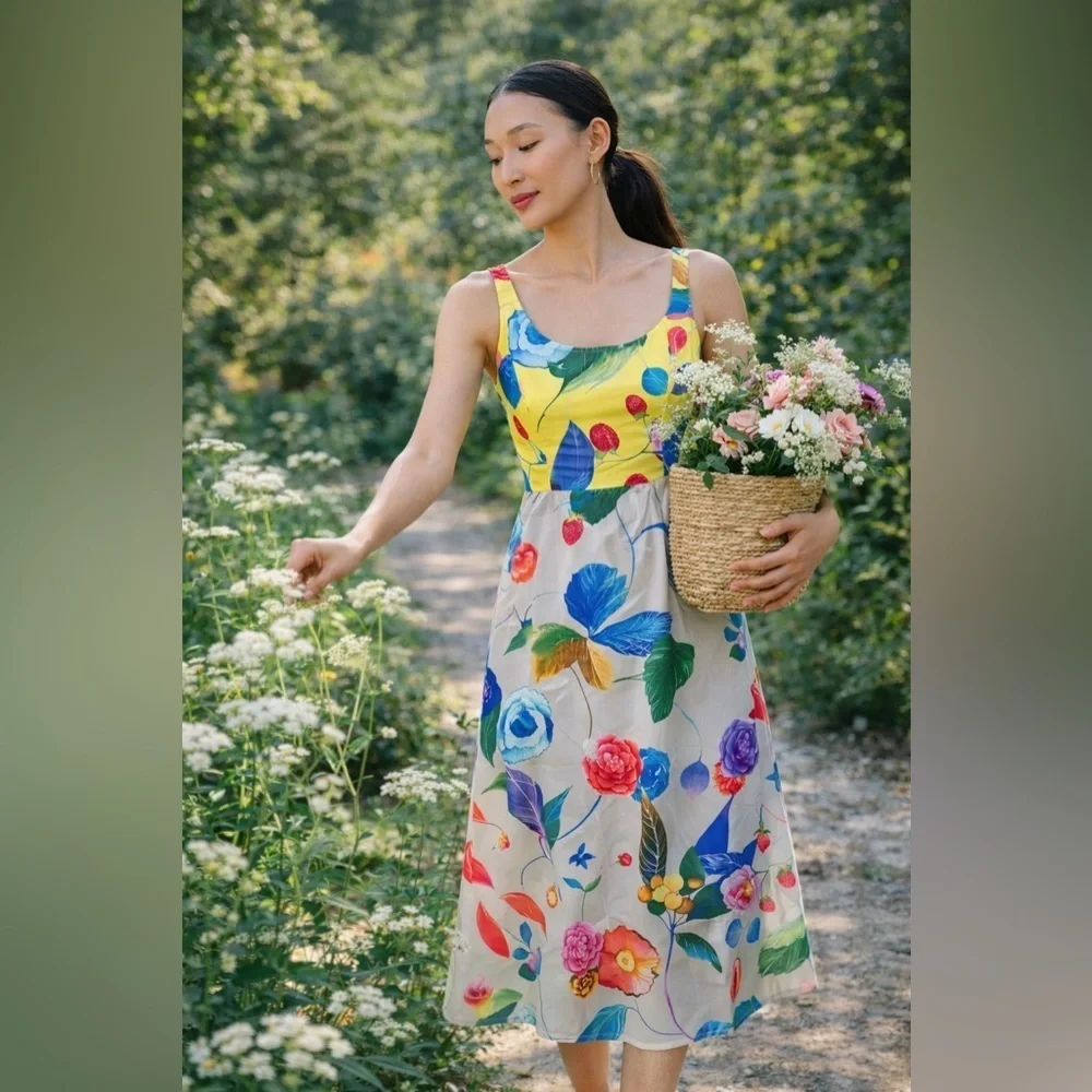 Tuckernuck Vivid Jardin Dominique Dress S Multi Yellow Floral Midi NWT